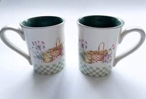 Set of Two Sonoma Home Goods In the Garden Cream and Green Mugs 90s Cottagecore
